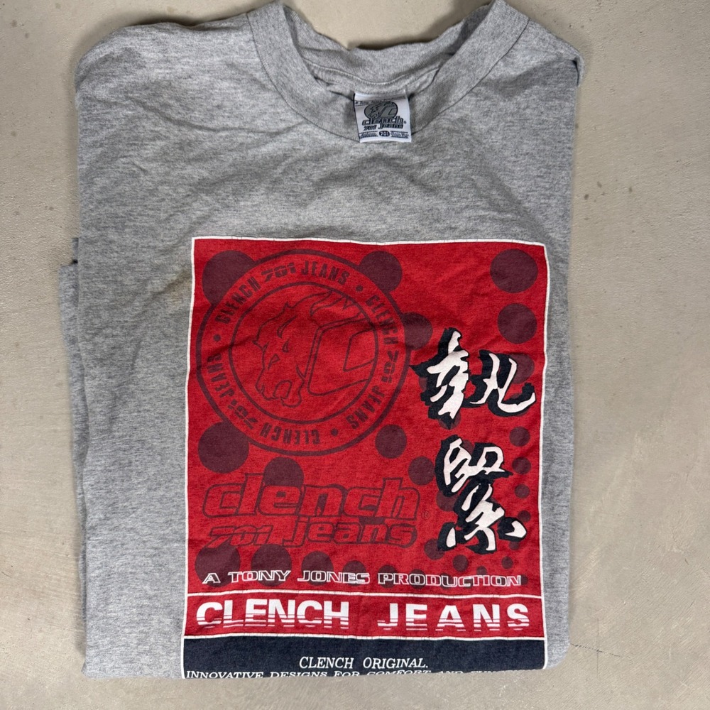 Vintage Clench Jeans Tony Jones Production T Shirt Grey XL Made in USA 90s Y2K